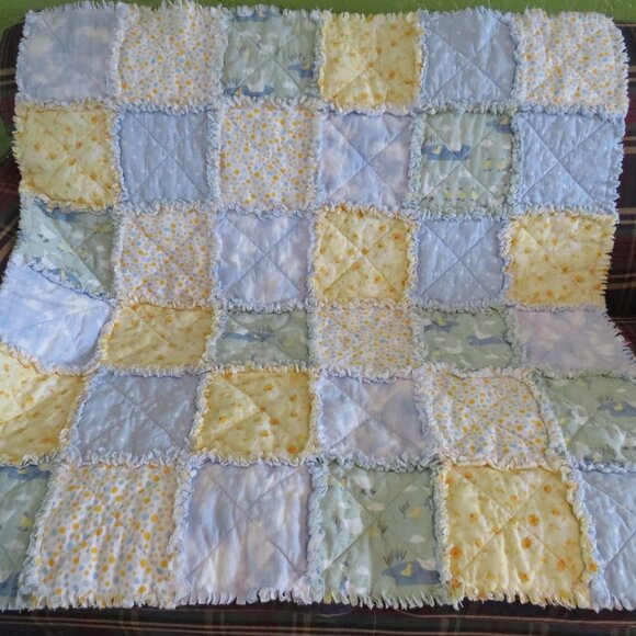 Flannel Rag Quilt With Batting 42 x 42 Blue and Yellow With Ducks - Picture 10 of 12